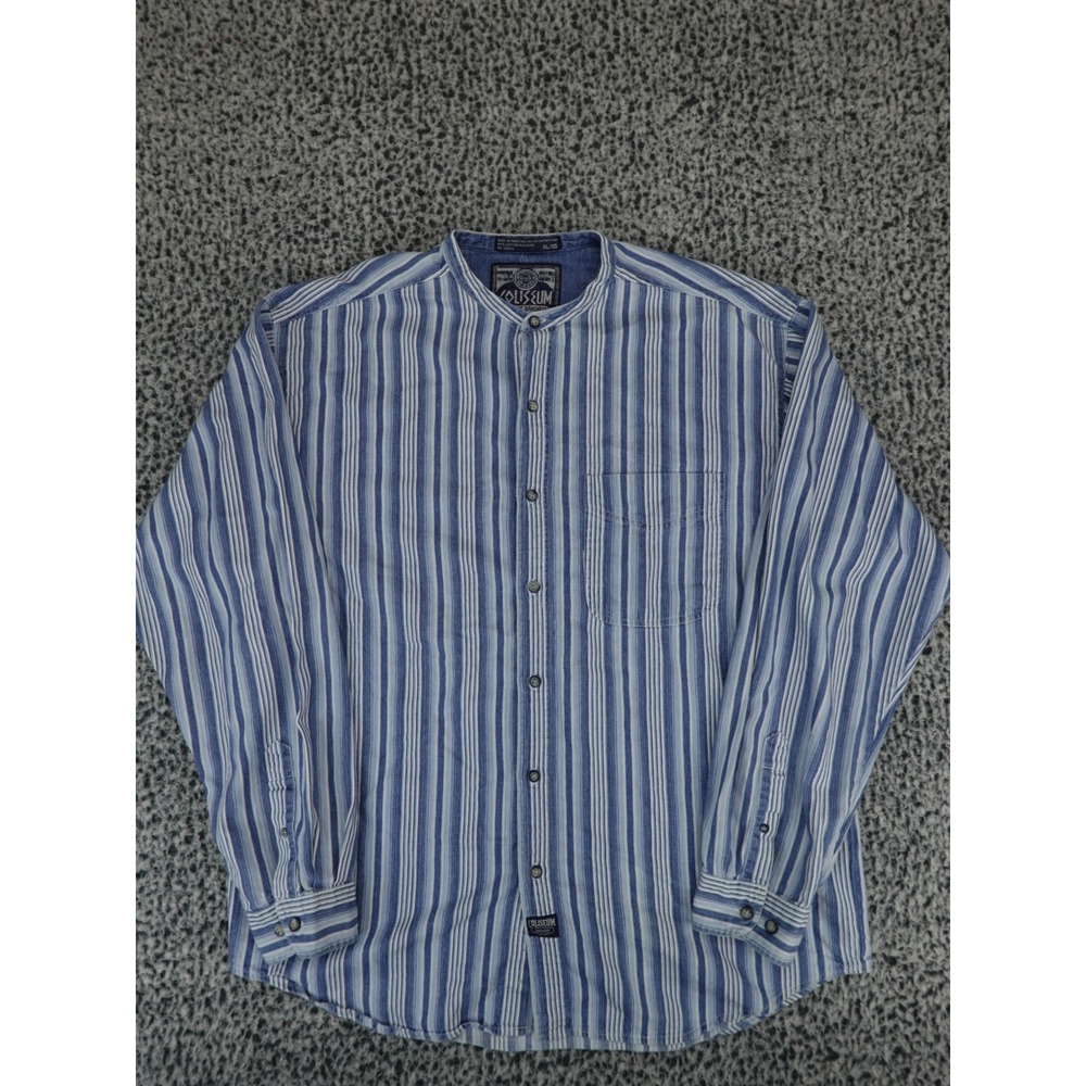 Coliseum Mens‎ XL Blue White Striped Band Collar Long Sleeve Cotton Button Shirt